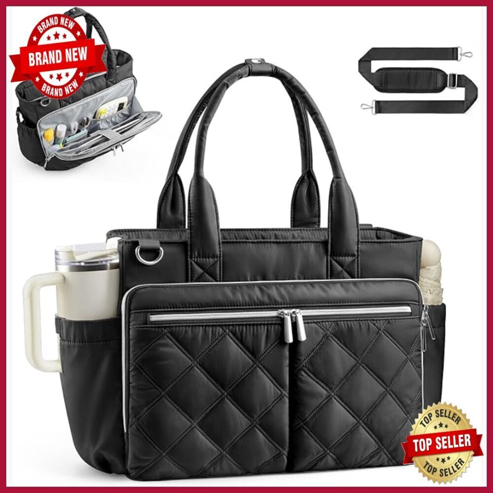 Lightweight Quilted Laptop Tote Bag with Cup Holder, Multi-Pocket Work Bag